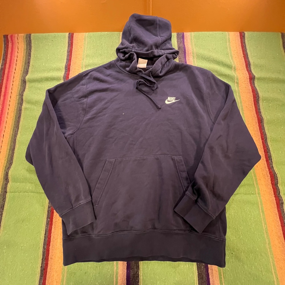 Nike Hoodie Mens Medium Navy Blue Embroidered Logo Fleece Pullover Sportswear